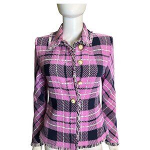 St. John Collection By Marie Gray Pink & Navy Plaid Raw Hem Jacket  2 Fall EUC